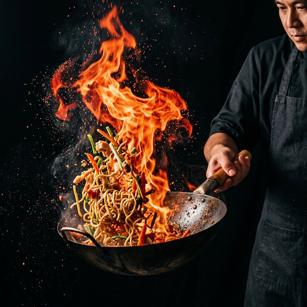 Chef tossing noodles in a flaming wok